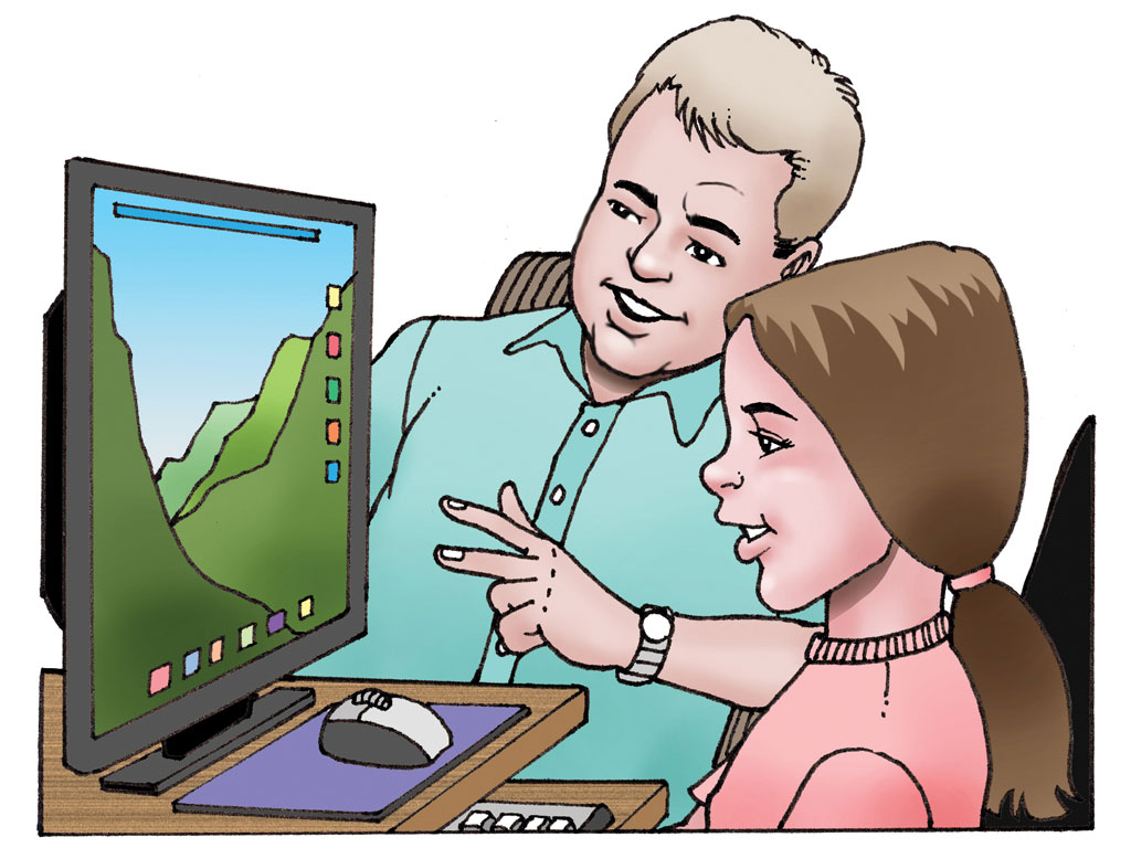illustration of a child being taught how to use a computer by teacher