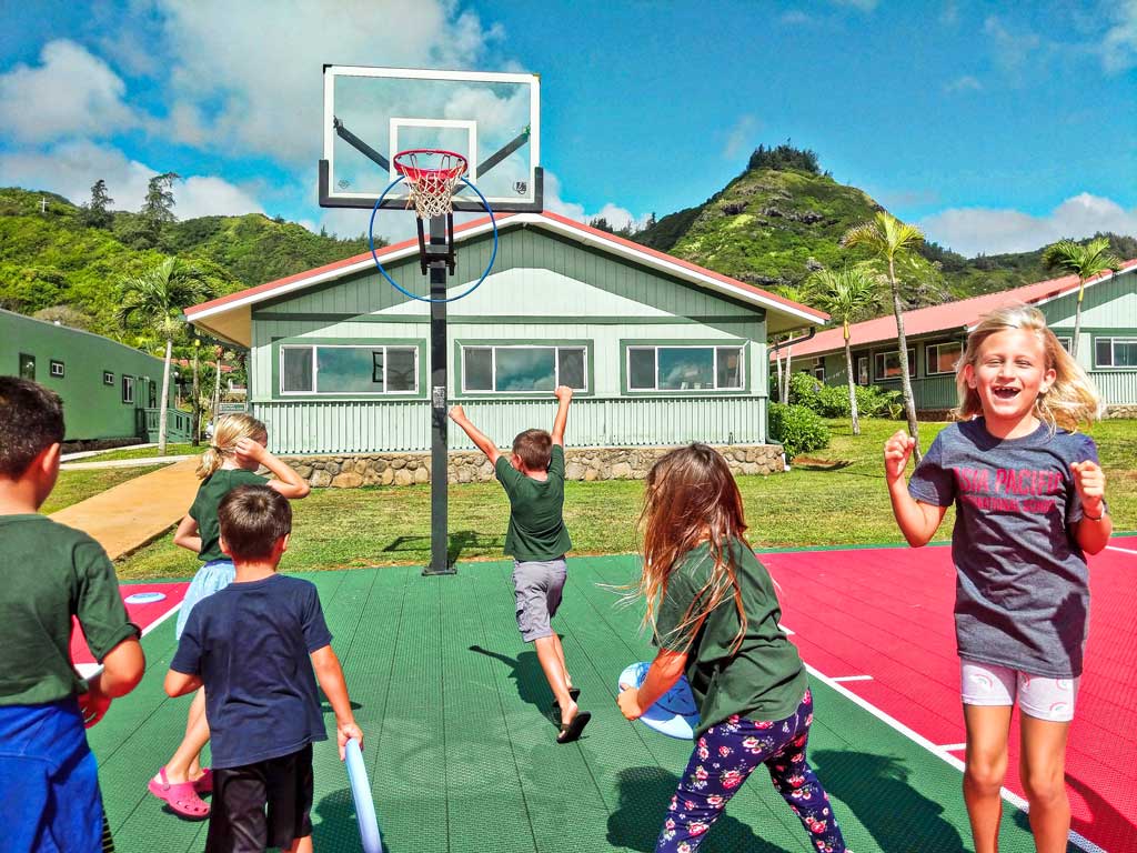 children playing basketball outdoors