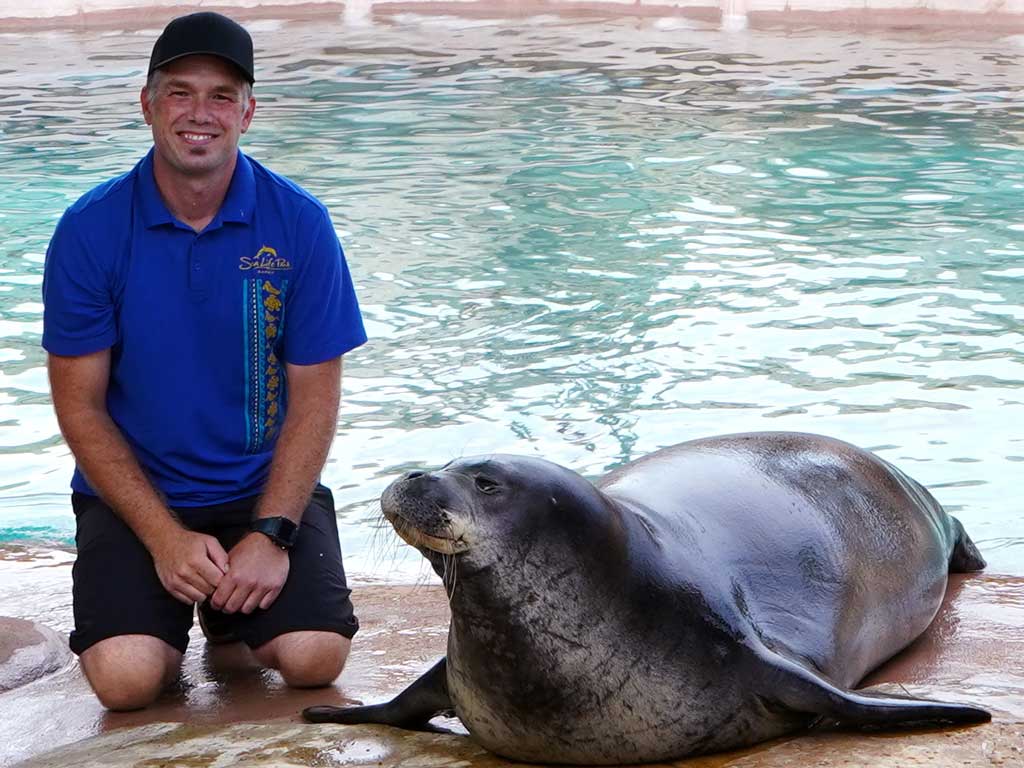 monk seal with trainer