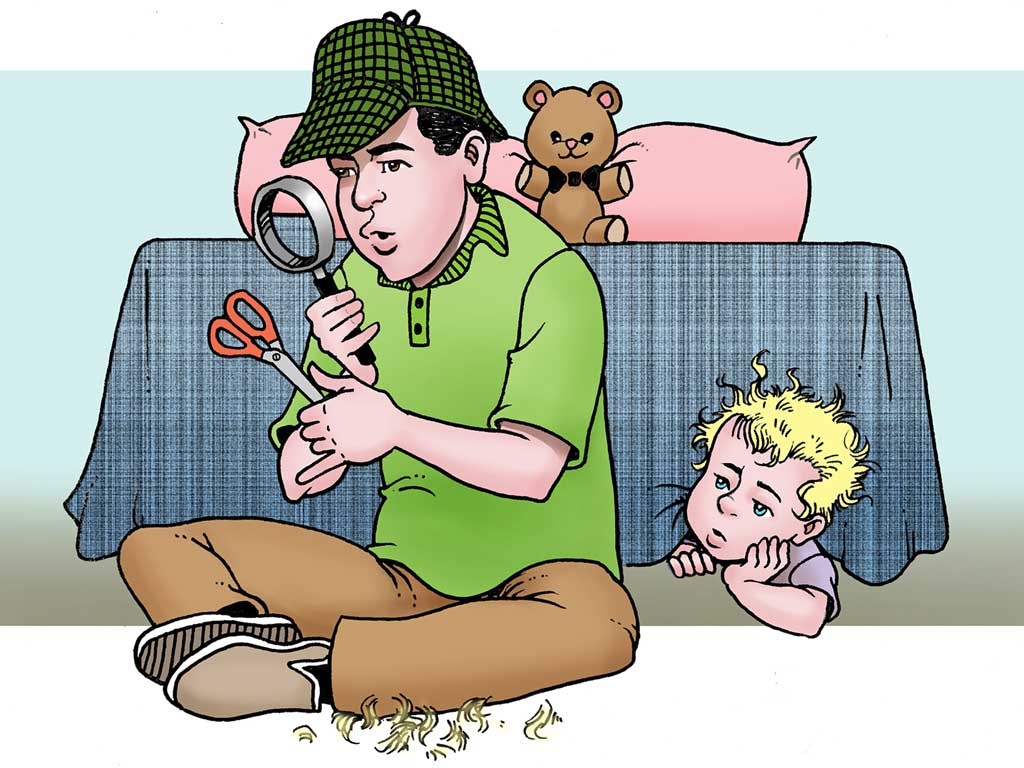 Illustration of adult using magnifying glass to solve a crime