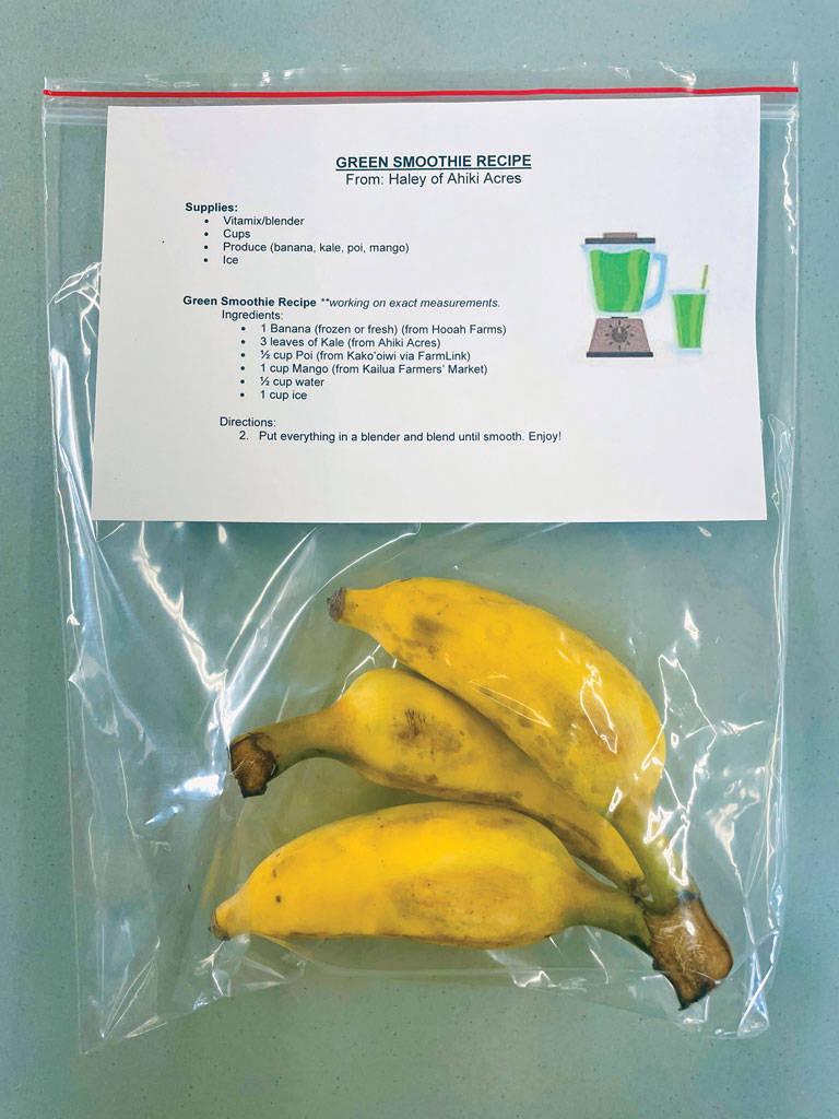 bananas in a bag with a recipe for Green Smoothie attached