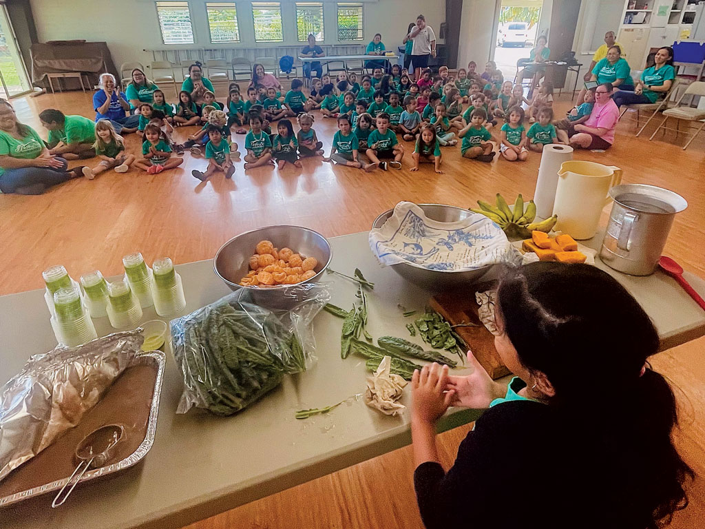 Partnering with The Kōkua Hawaiʻi Foundation, students at Rainbow Schools Kaneohe campus participated in an educational hands-on cooking demonstration led by Haley Miyaoka from Ahiki Acres.