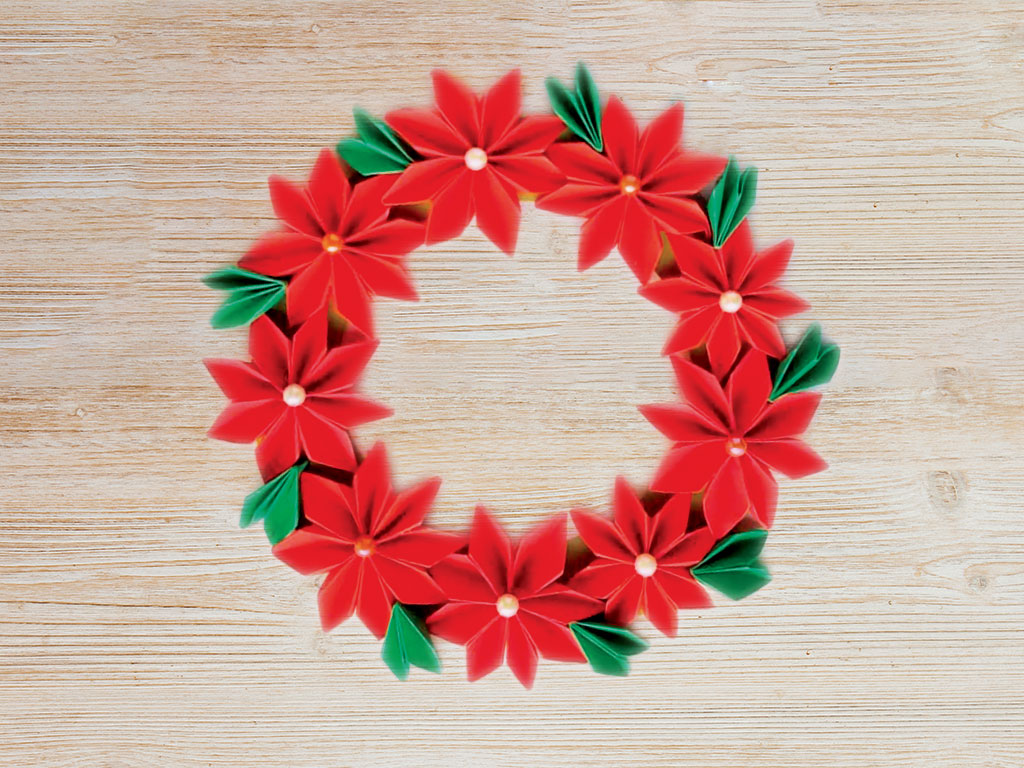 finished origami poinsettia wreath craft project