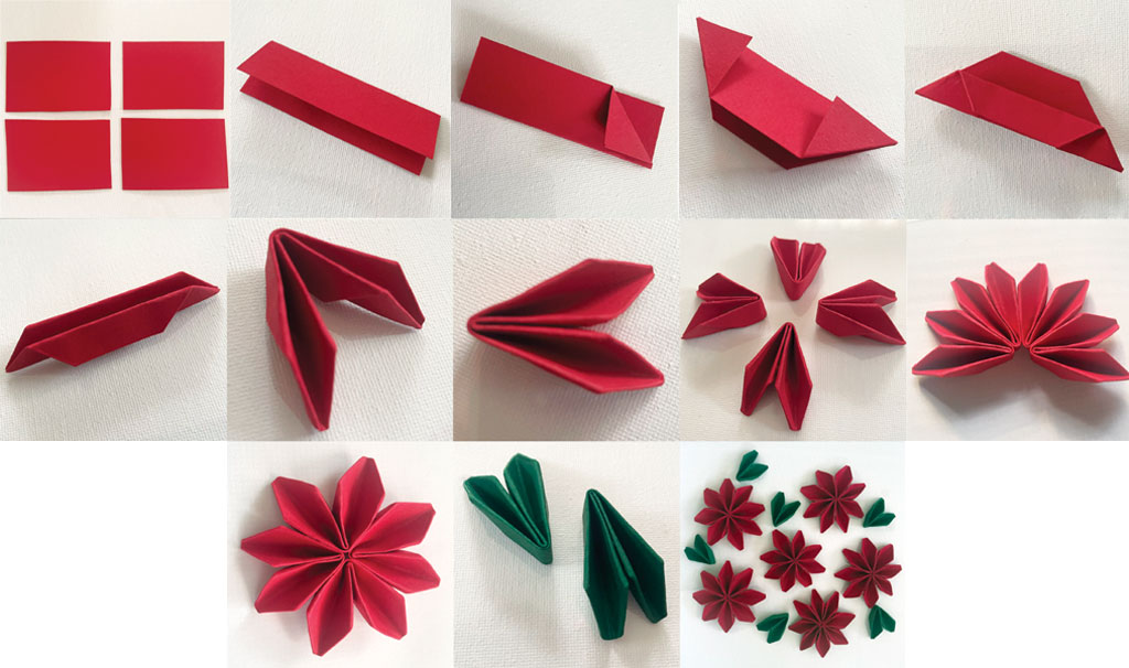 guided instructions for origami poinsettia wreath craft project