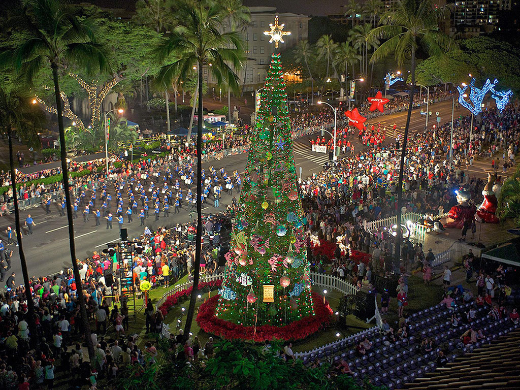 an aerial photo of the Christmas tree at Honolulu City Lights