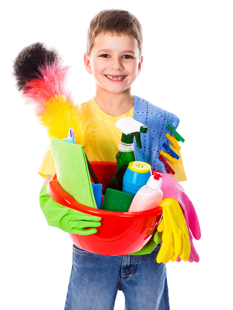 a boy carrying cleaning supplies