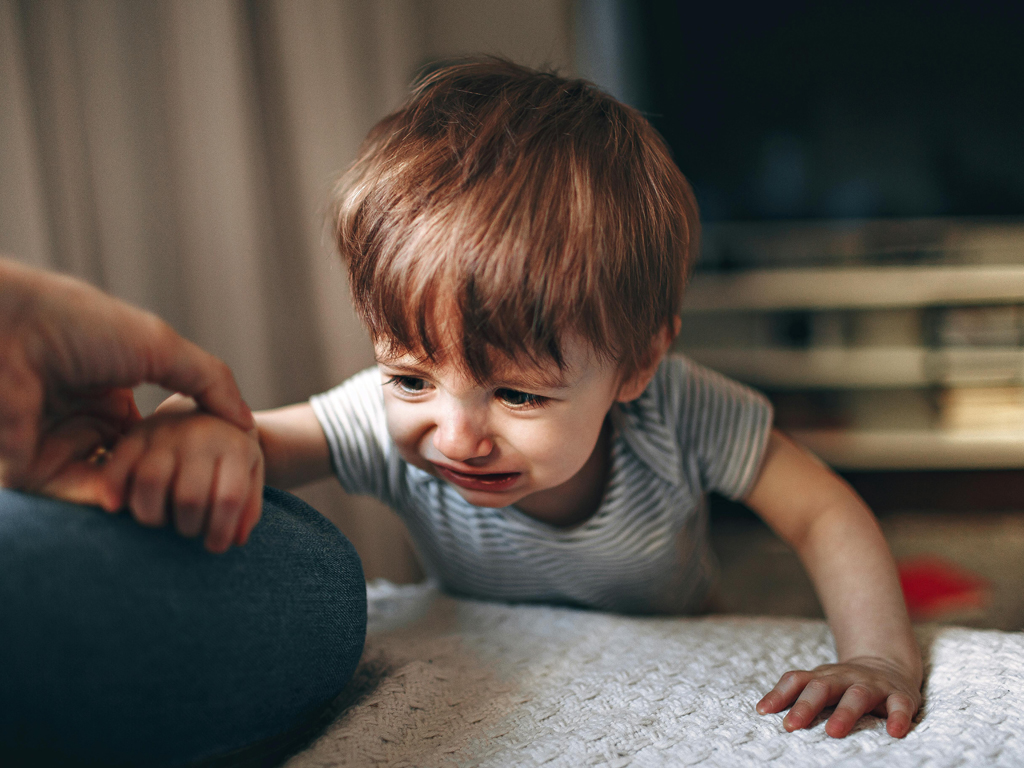 young boy about to cry and he reaches for parent