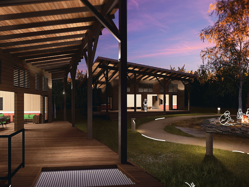 Visual concept of the new Camp Pupukea cabins illuminated after dark.