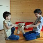two brothers fighting over a teddy bear